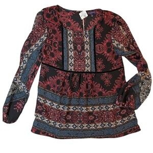 Artesia Womens Blouse Small Black‎ Red Paisley Long Sleeve Peasant Top